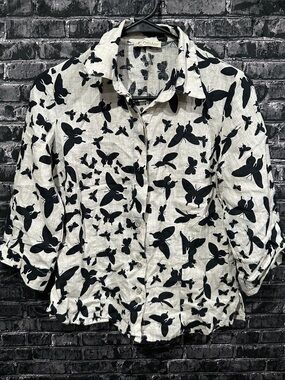 Puro Lino made in Italy Linen Black Butterfly Print Button-Front Shirt